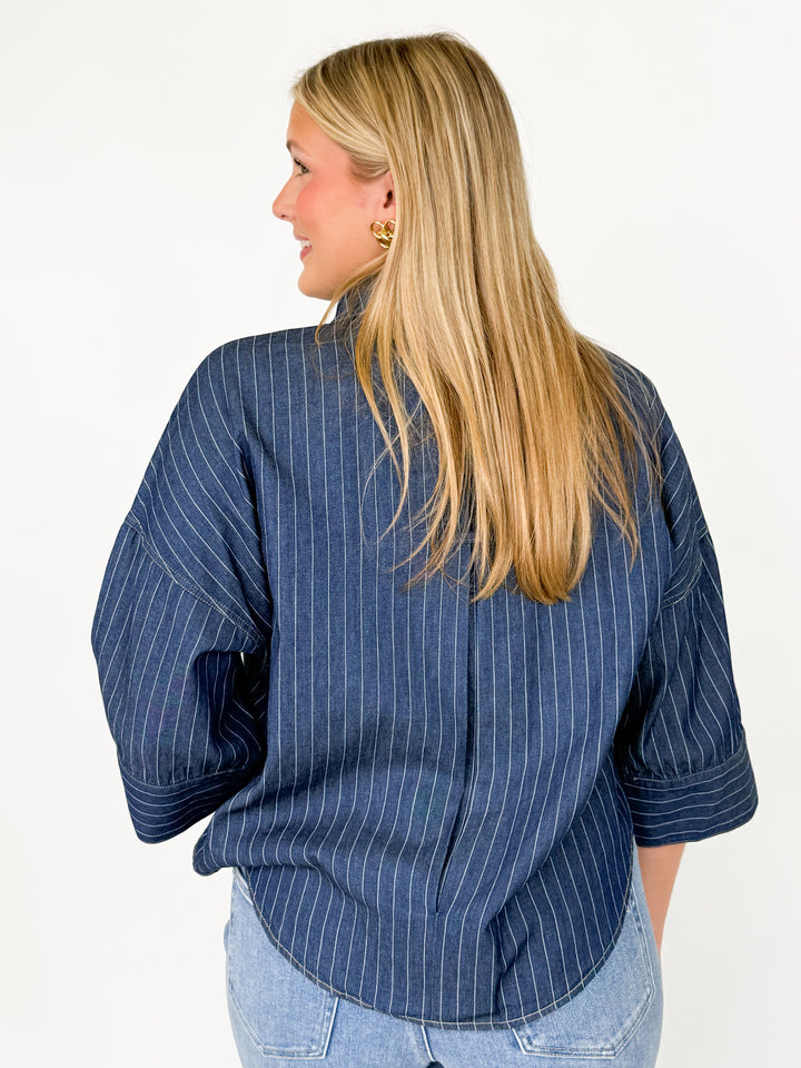 Belinda - Dark Denim Striped Button Down Blouse