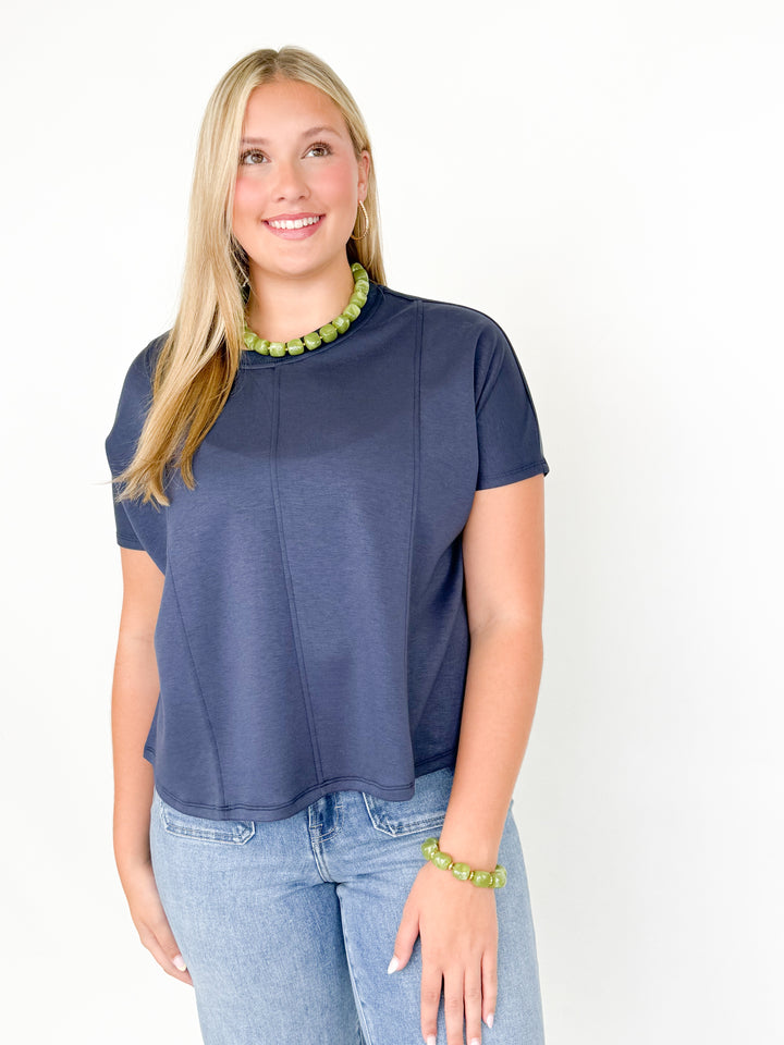 Lisa - Navy Drop Shoulder Short Sleeve Top