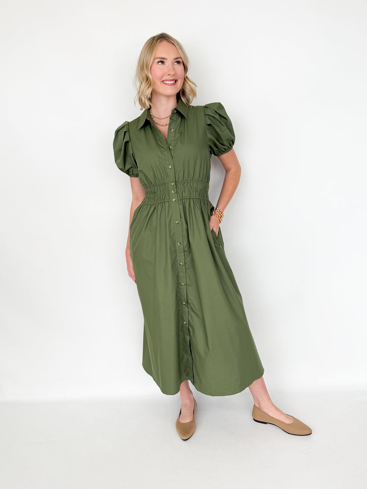Rylee - Short Sleeve Collared Midi Dress (Olive)