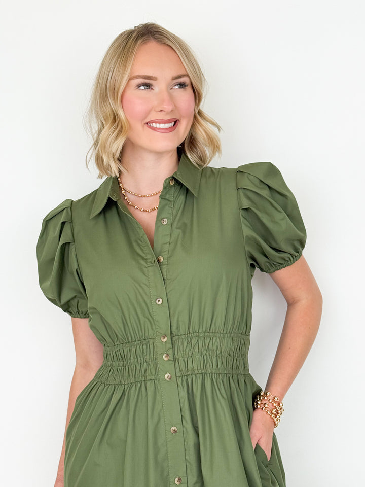 Rylee - Short Sleeve Collared Midi Dress (Olive)