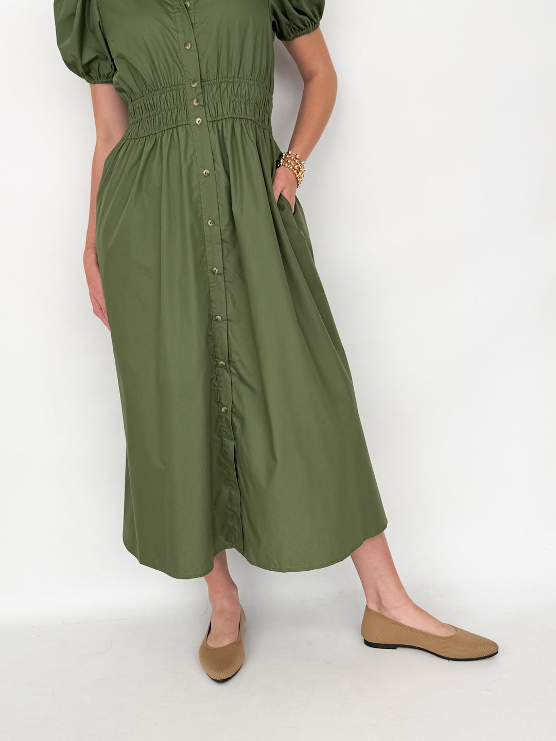 Rylee - Short Sleeve Collared Midi Dress (Olive)