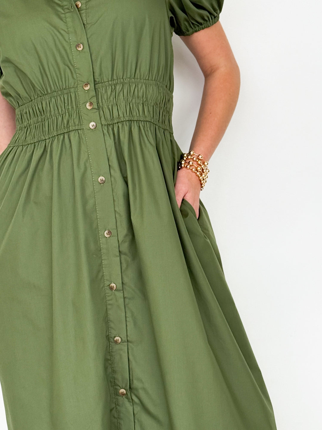 Rylee - Short Sleeve Collared Midi Dress (Olive)