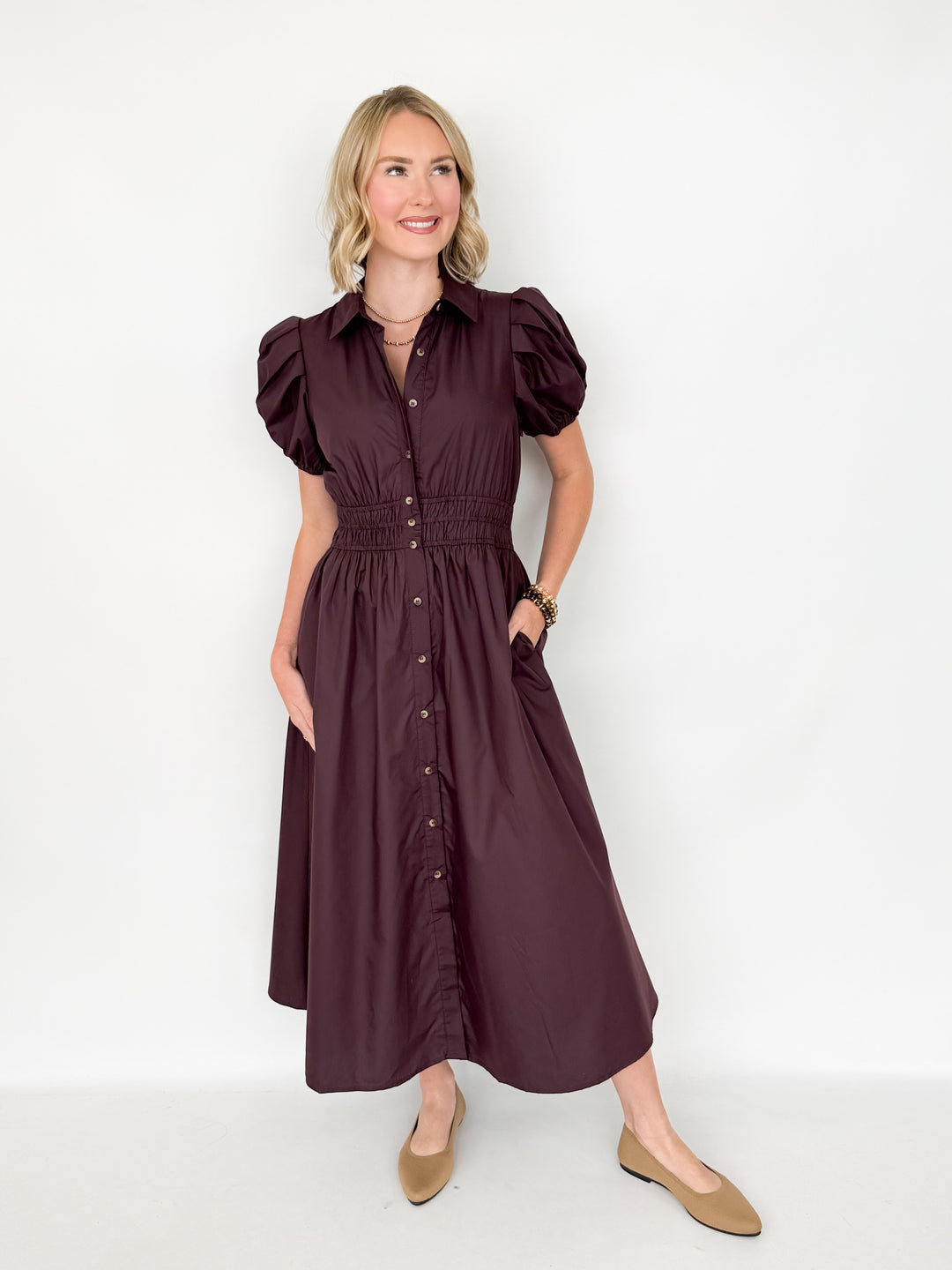 Rylee - Short Sleeve Collared Midi Dress (Chocolate)