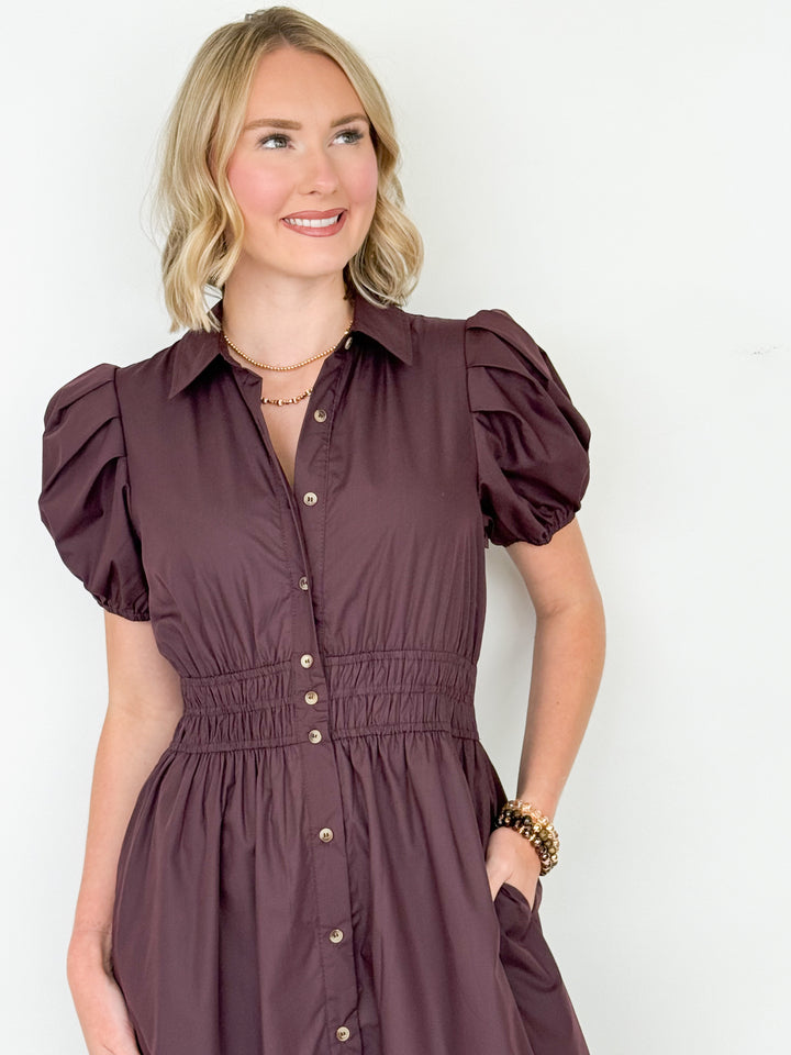 Rylee - Short Sleeve Collared Midi Dress (Chocolate)