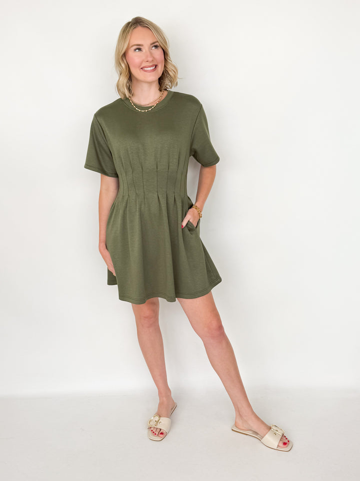 Millie - Olive Pleated Waist Mini Dress