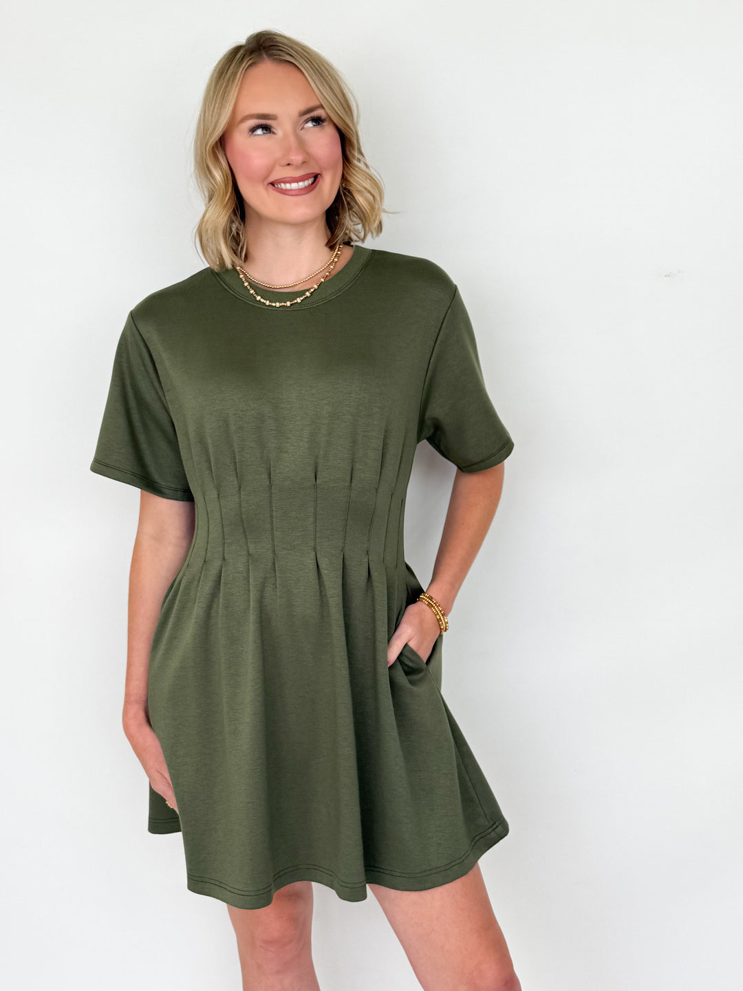 Millie - Olive Pleated Waist Mini Dress