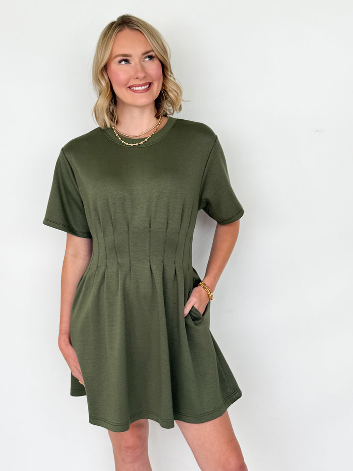 Millie - Olive Pleated Waist Mini Dress
