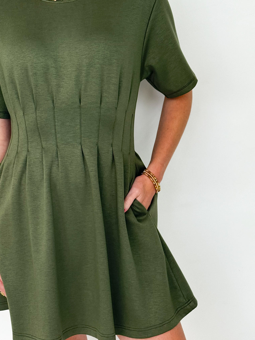 Millie - Olive Pleated Waist Mini Dress