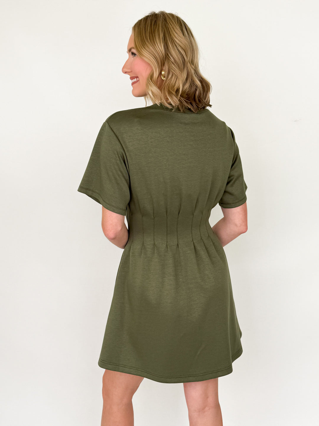 Millie - Olive Pleated Waist Mini Dress