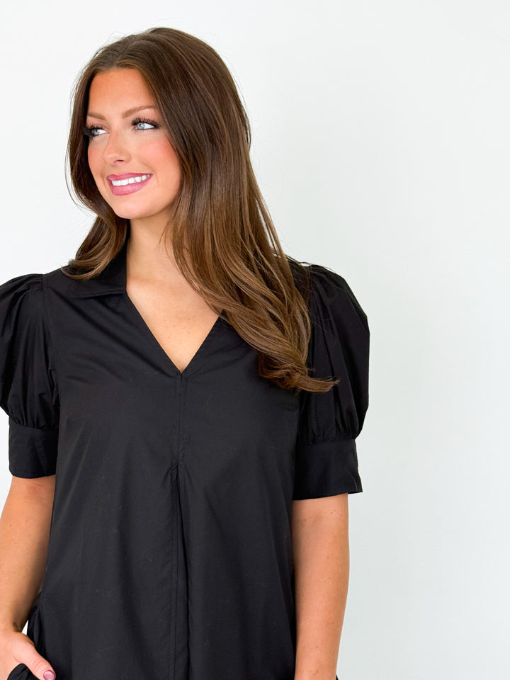Sally - Black Puff Sleeve V-Neck Mini Dress