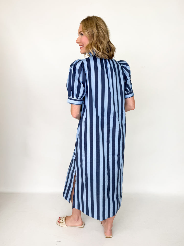 Kris - Navy Striped Button Up Midi Dress