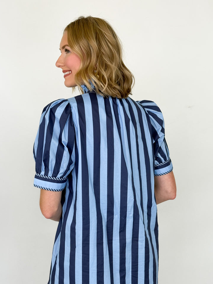 Kris - Navy Striped Button Up Midi Dress