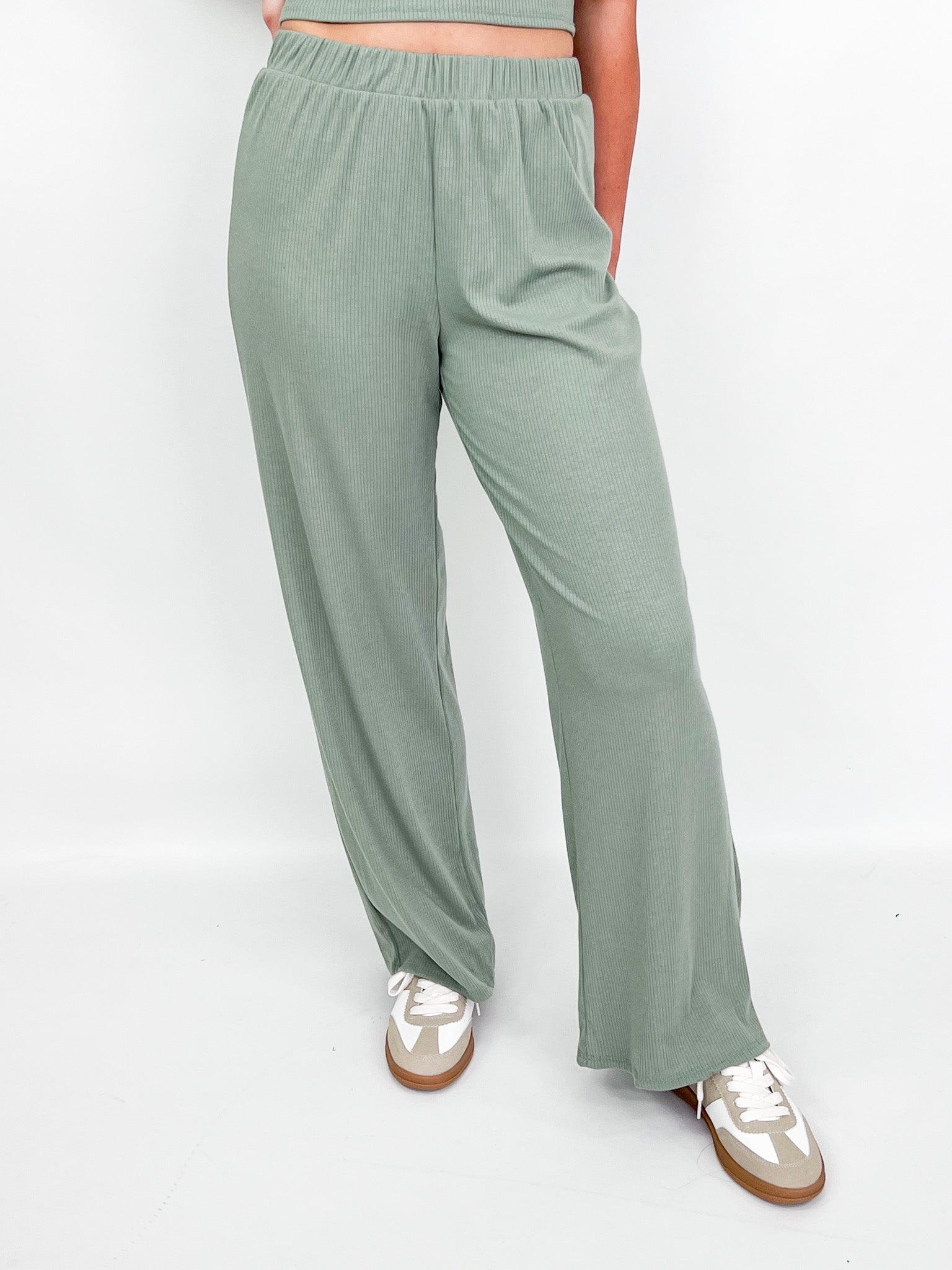 Faith - Mock Neck Ribbed Pant Set (Sage)