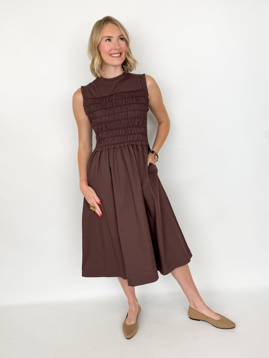 Connie - Brown Smocked Detail Midi Dress