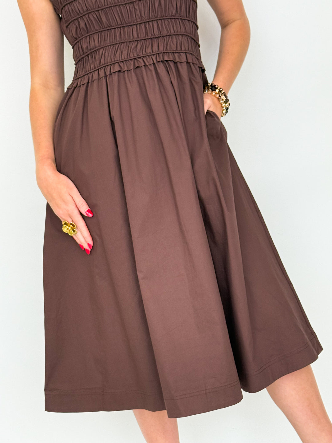 Connie - Brown Smocked Detail Midi Dress