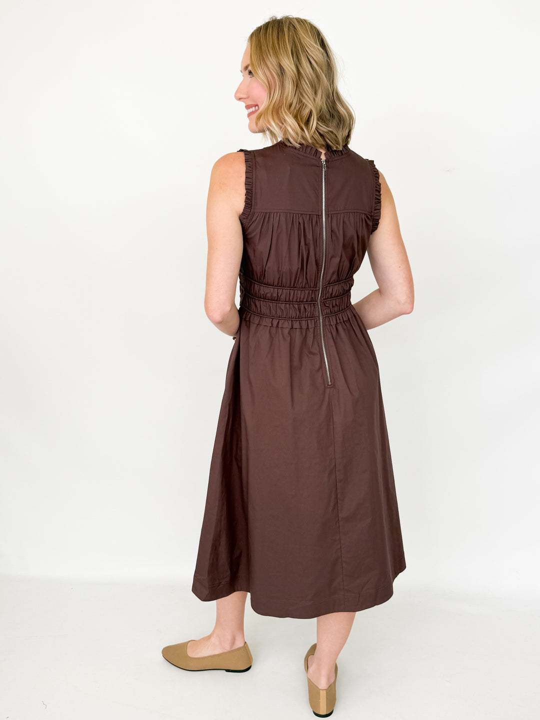 Connie - Brown Smocked Detail Midi Dress