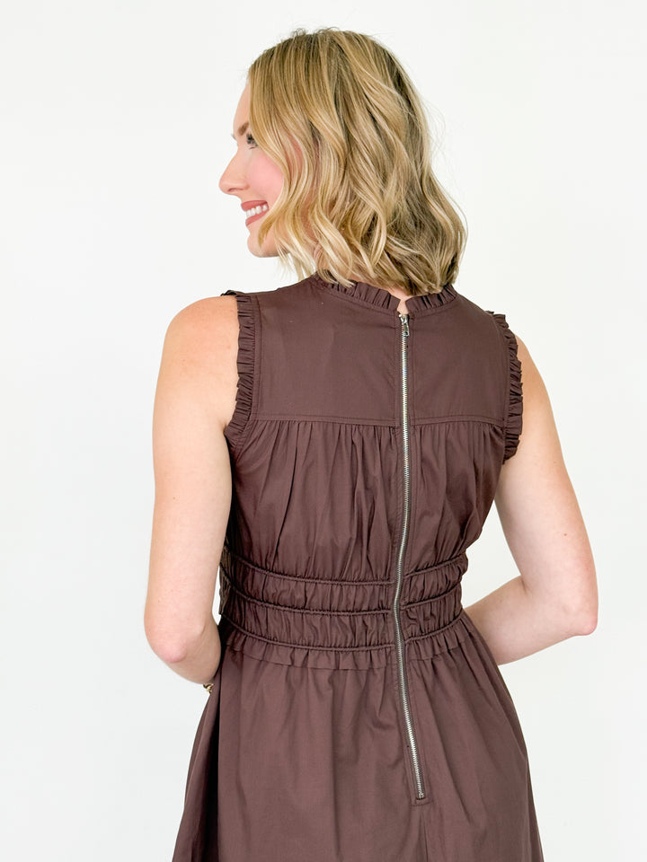 Connie - Brown Smocked Detail Midi Dress