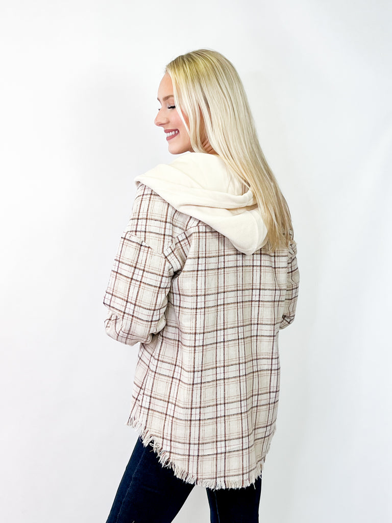 Cassie - Frayed Hem Hooded Flannel Shacket