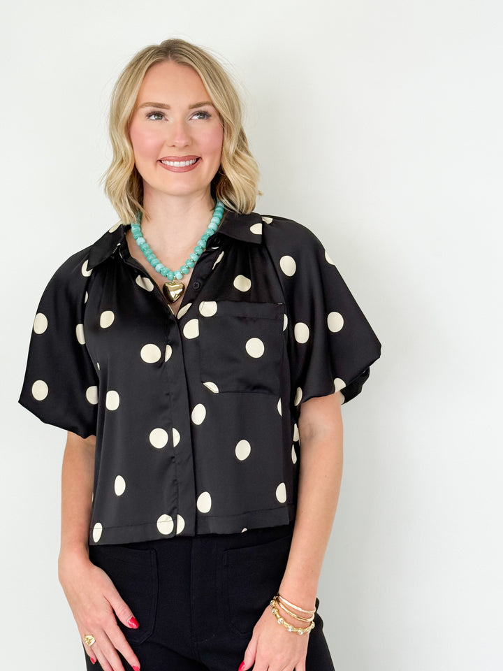 Shelby - Black Satin Polka Dot Blouse