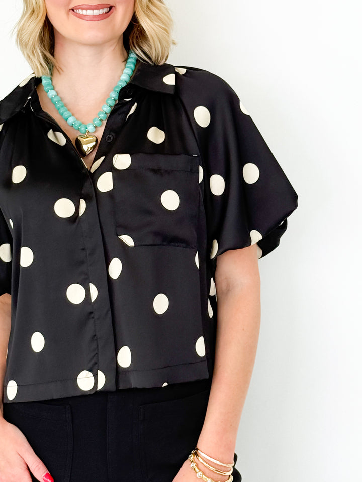 Shelby - Black Satin Polka Dot Blouse