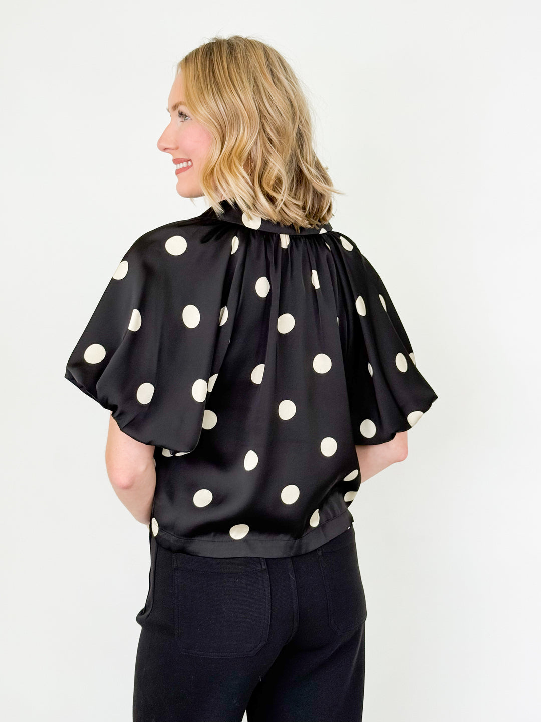 Shelby - Black Satin Polka Dot Blouse