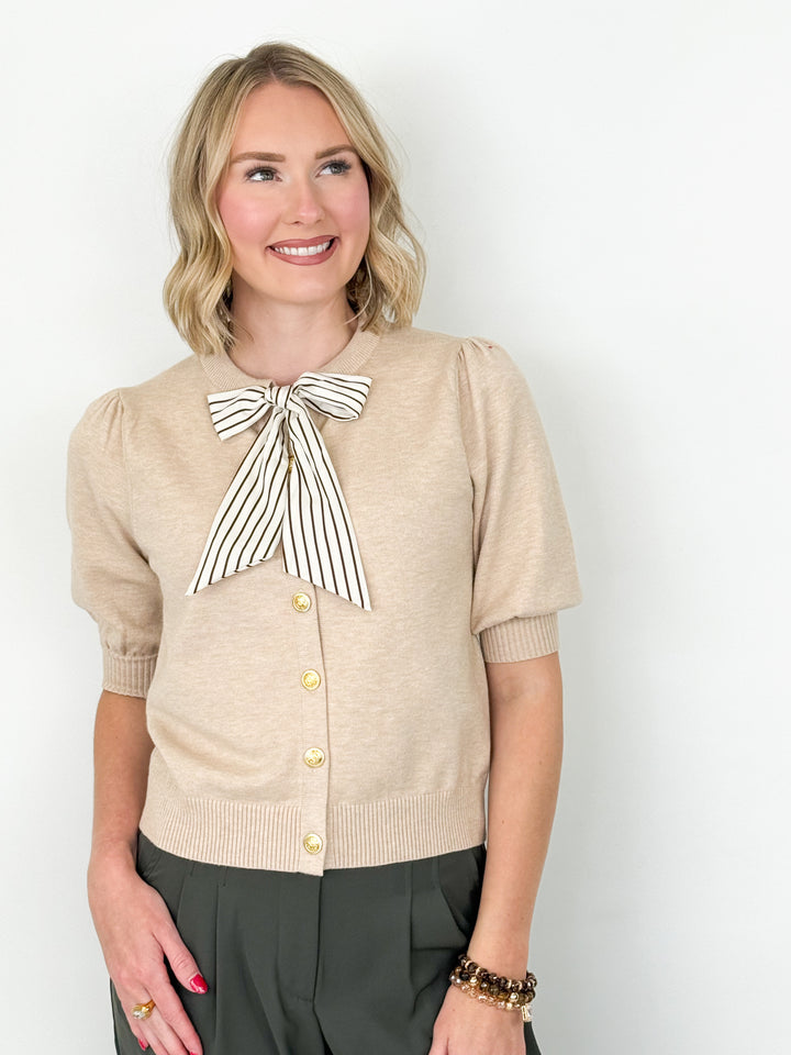 Tarah - Striped Bow Cardigan (Oatmeal)