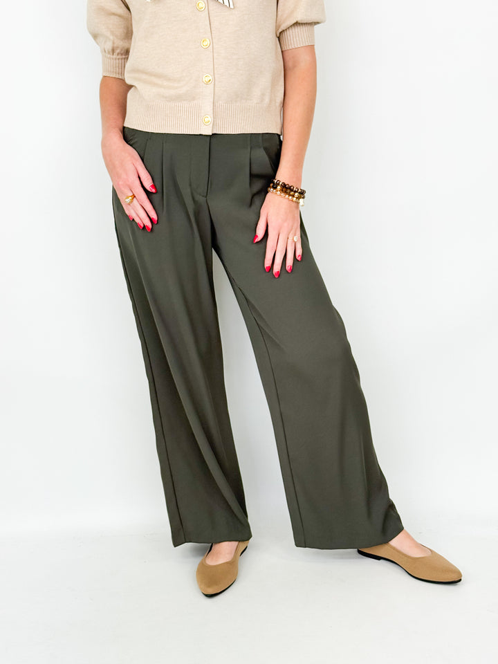 Jennifer - Wide Leg Trouser Pants (Dark Olive)