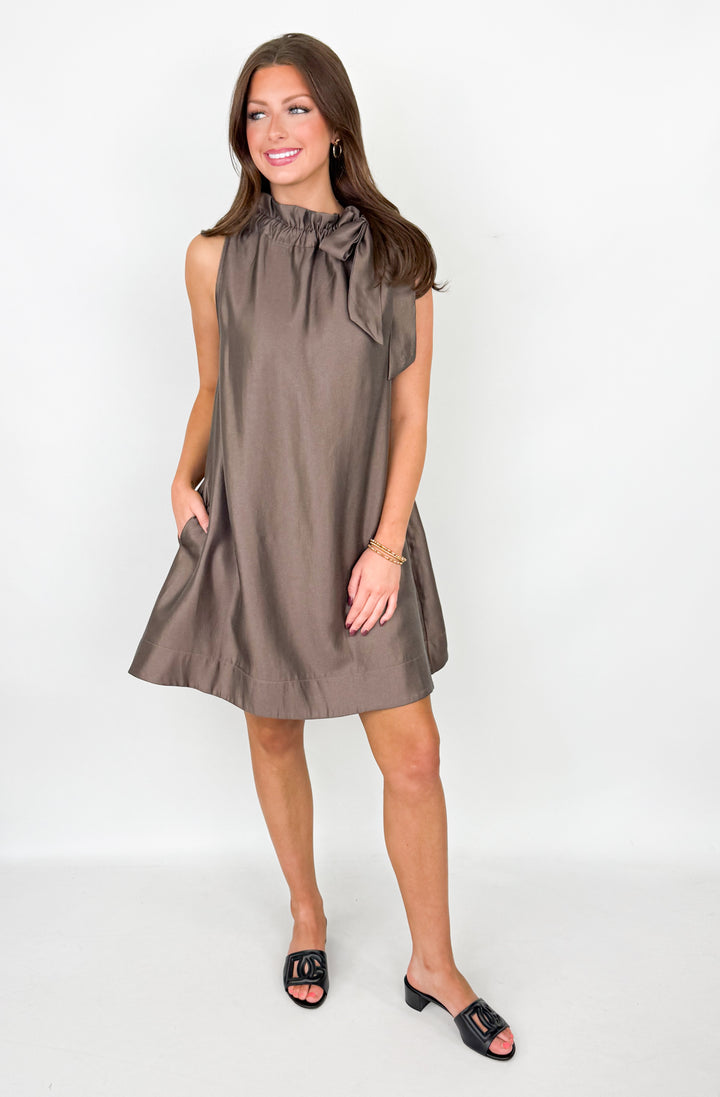 Renee - Mocha Sleeveless Tie Neck Mini Dress