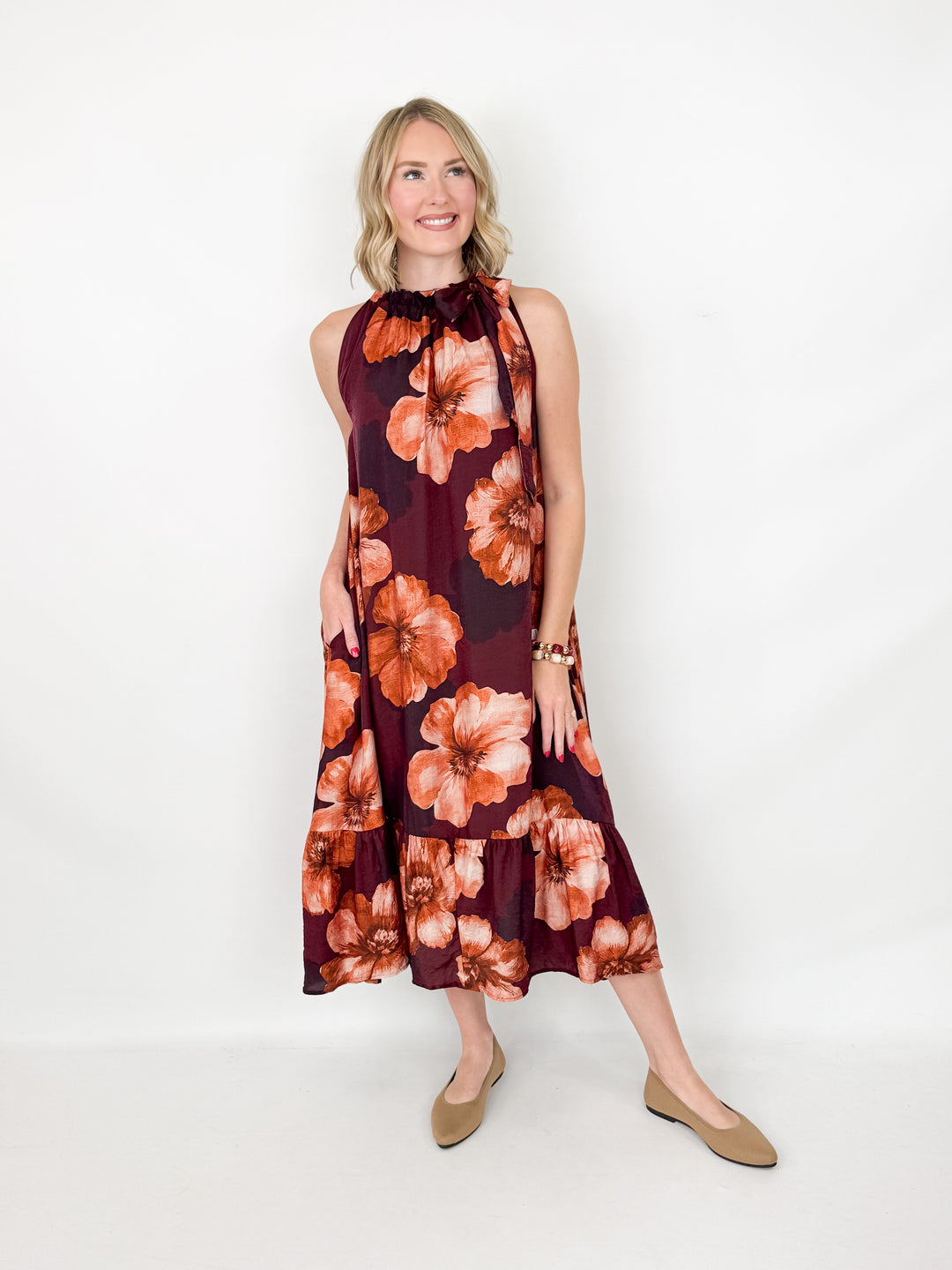 Giana - Floral Tie Neck Sleeveless Midi Dress