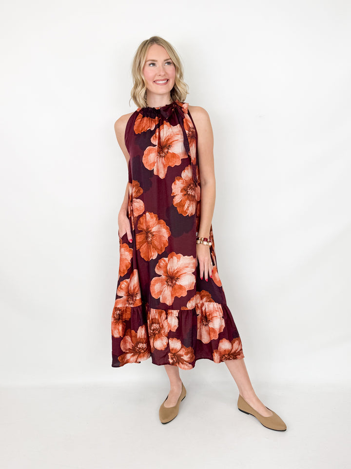 Giana - Floral Tie Neck Sleeveless Midi Dress