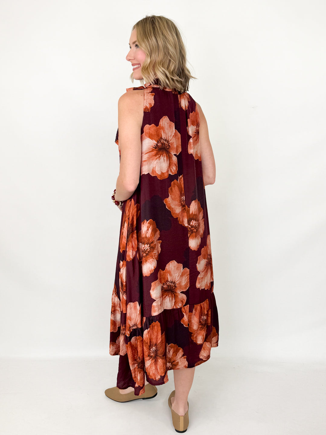 Giana - Floral Tie Neck Sleeveless Midi Dress