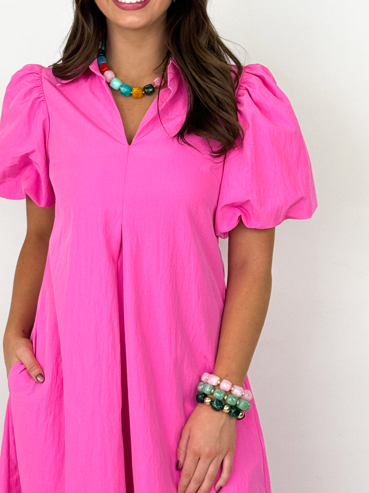Margot - Hot Pink Collared Midi Dress