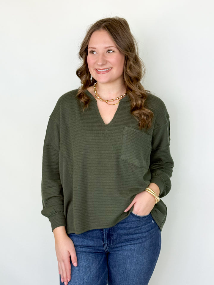 Nisha - Split Neck Top (Olive)
