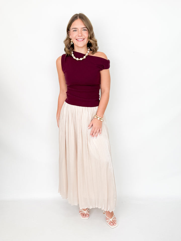 Lori - Asymetrical Neck Fitted Knit Top (Maroon)