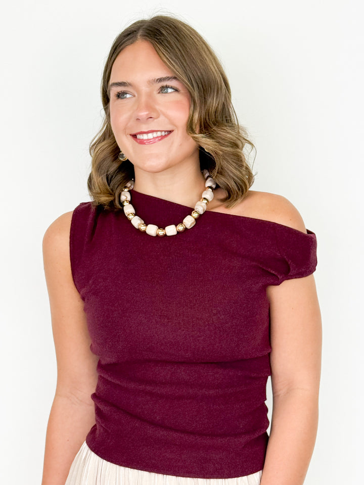 Lori - Asymetrical Neck Fitted Knit Top (Maroon)
