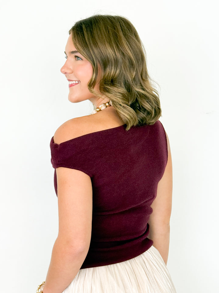 Lori - Asymetrical Neck Fitted Knit Top (Maroon)