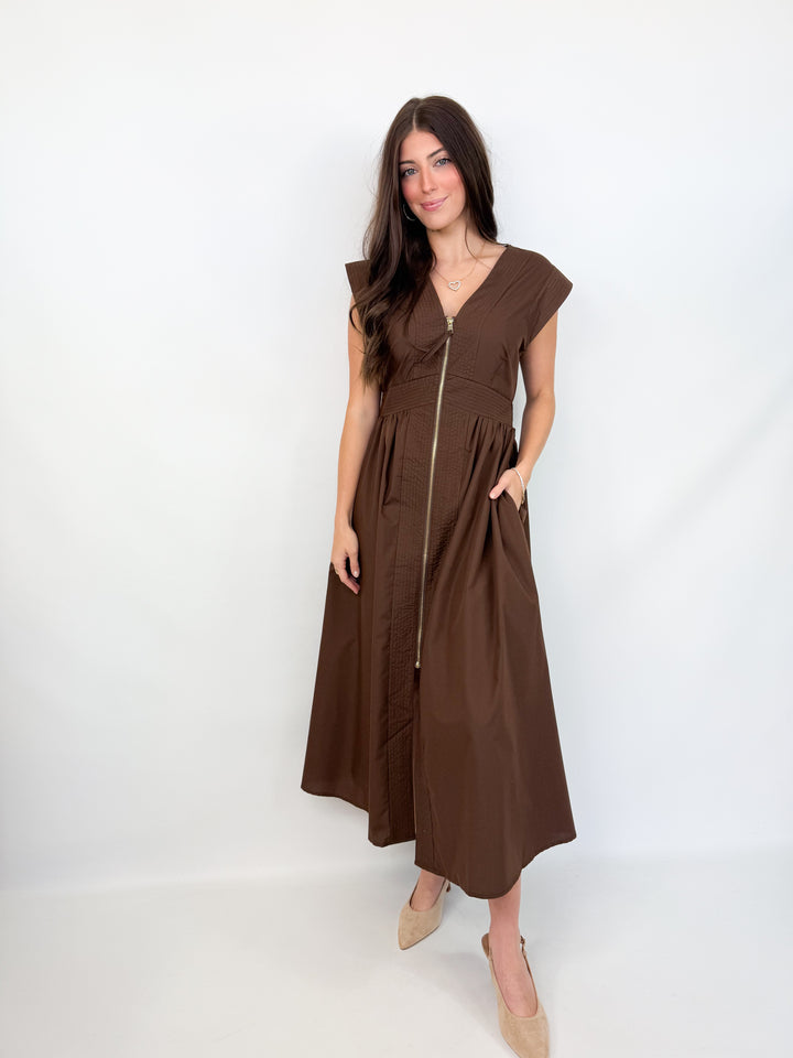 Kathryn - Front Zip Midi Dress (Brown)