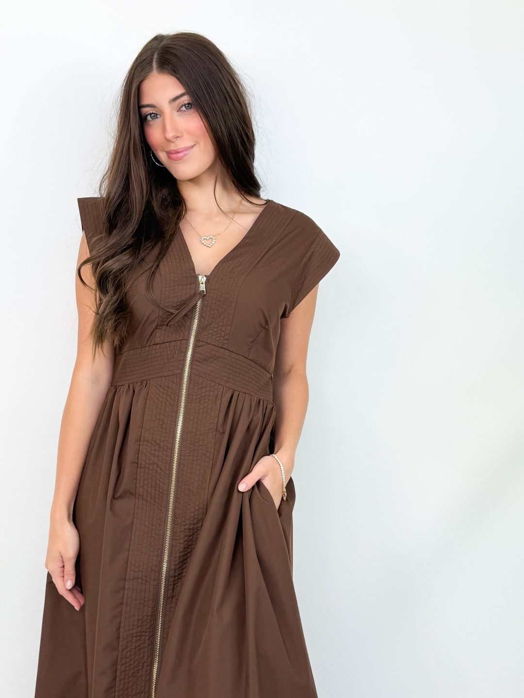 Kathryn - Front Zip Midi Dress (Brown)