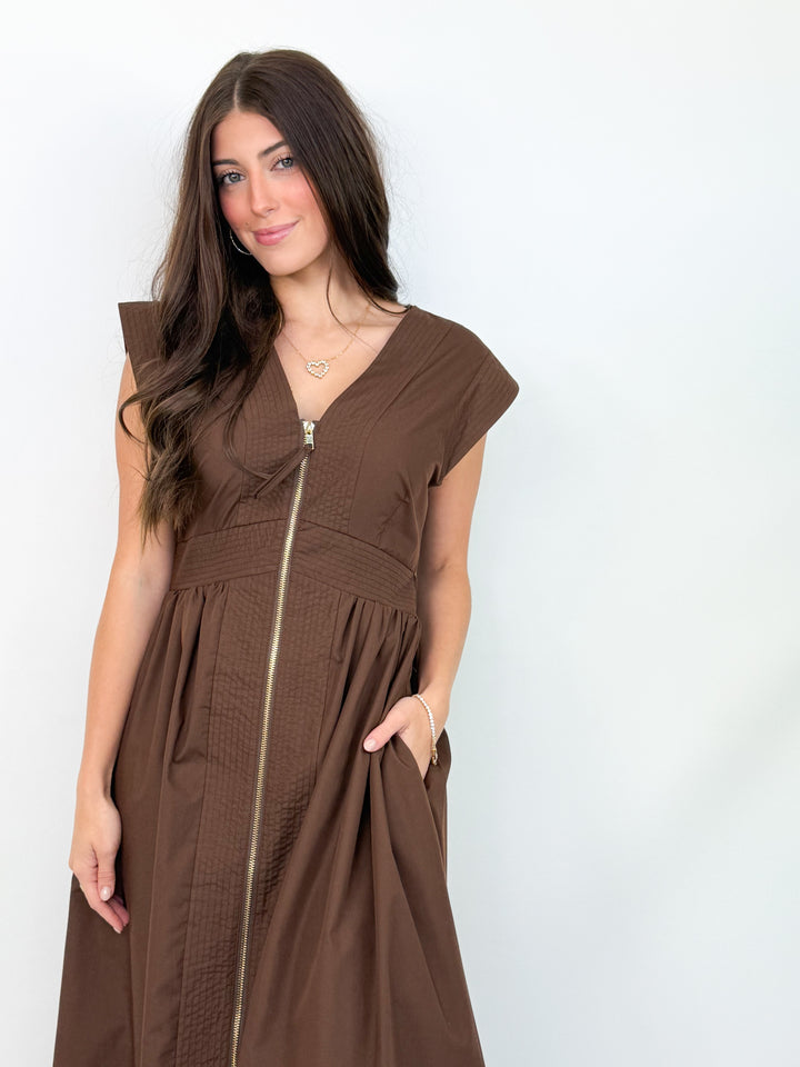 Kathryn - Front Zip Midi Dress (Brown)
