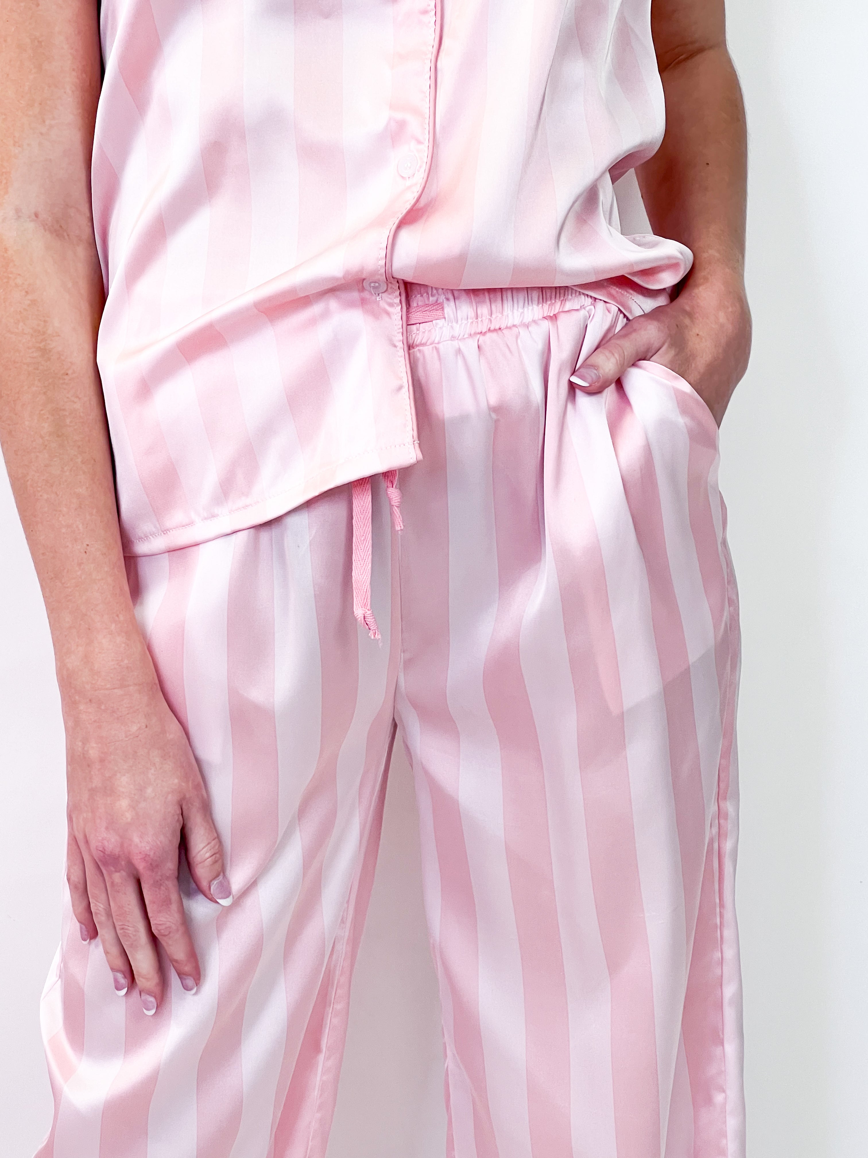 Courtney - Pink Striped Satin Pajama Set (Pants)