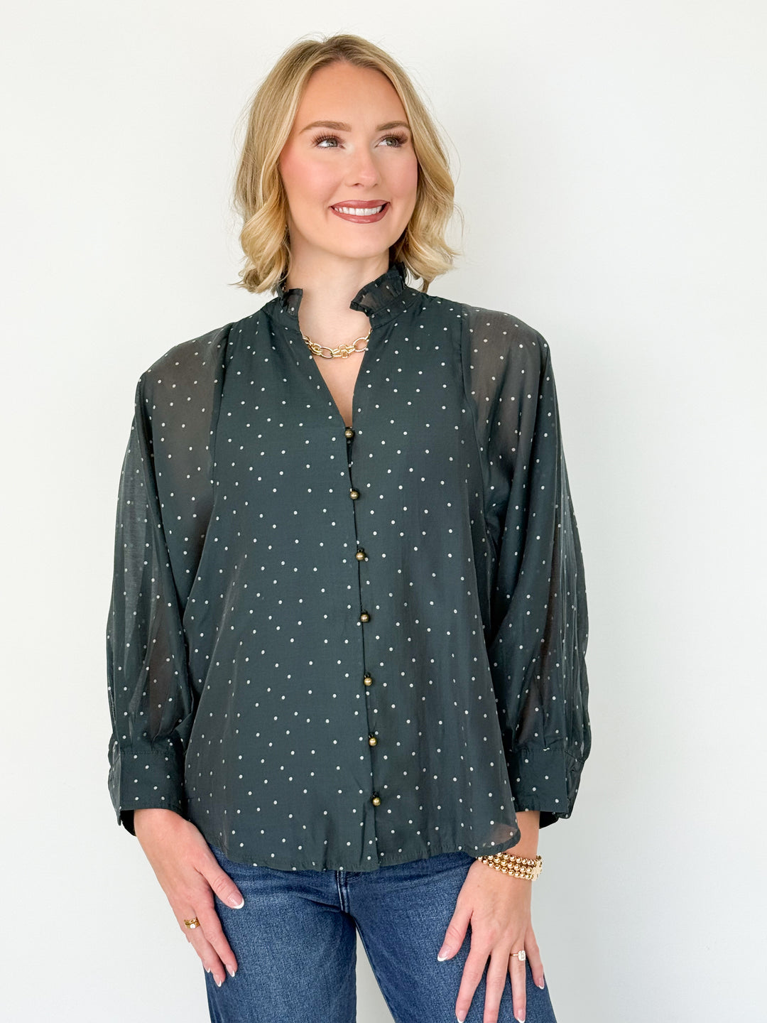 Tara - Polka Dot Blouse (Forest Green)