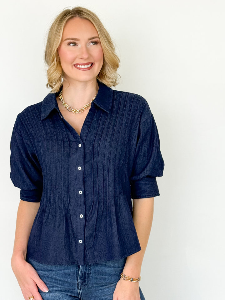 Lori - Denim Pintuck Button Down Blouse