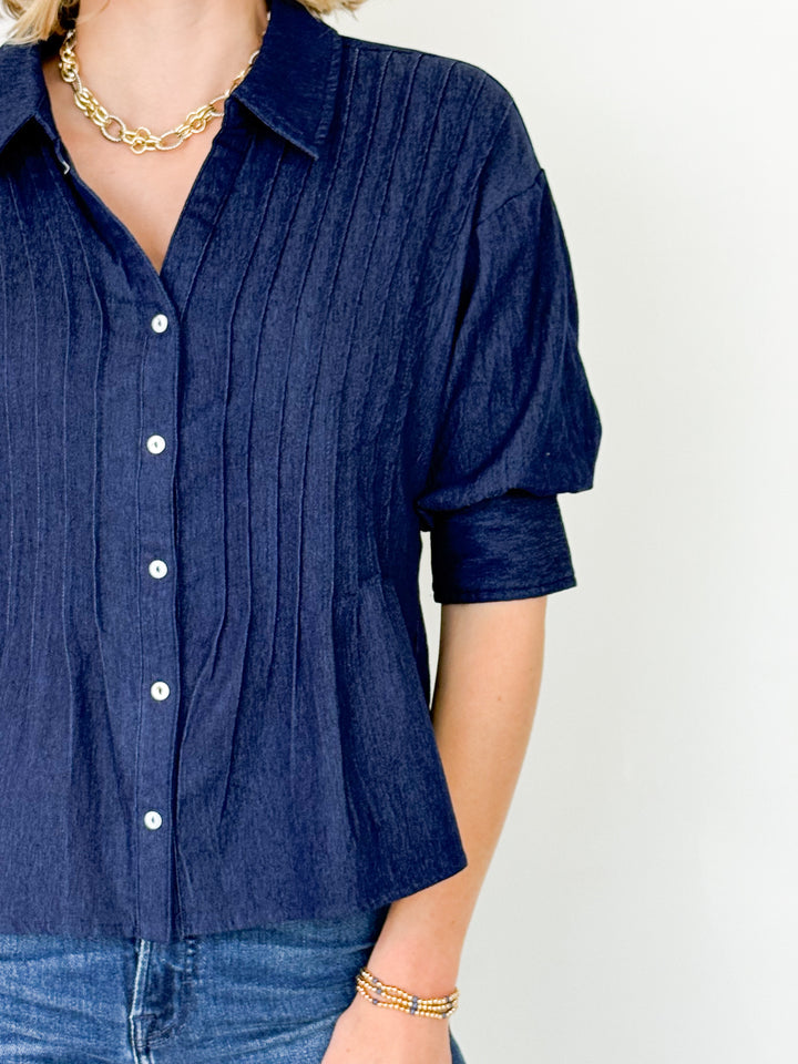 Lori - Denim Pintuck Button Down Blouse