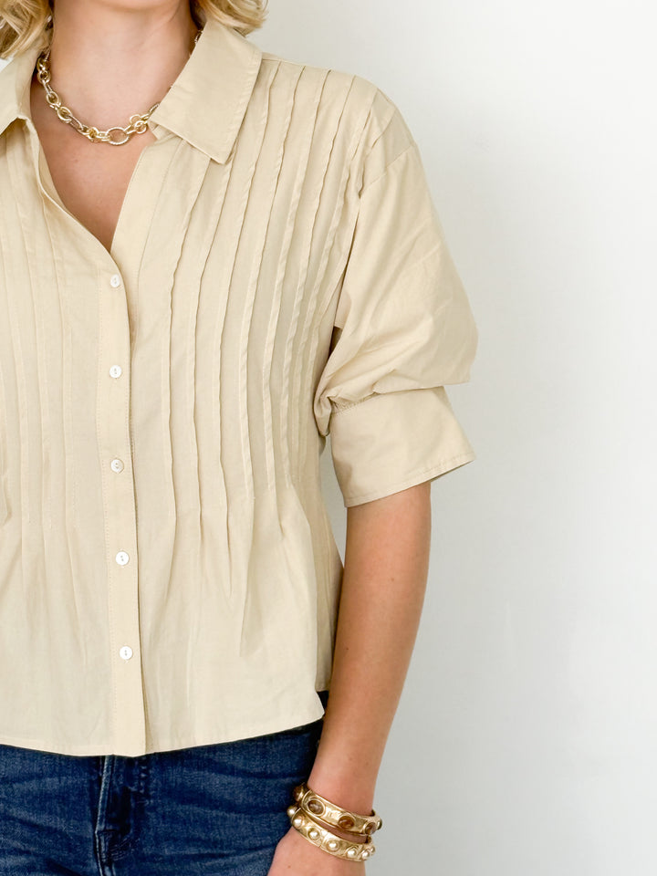 Avery - Pintuck Button Down Blouse (Sand)