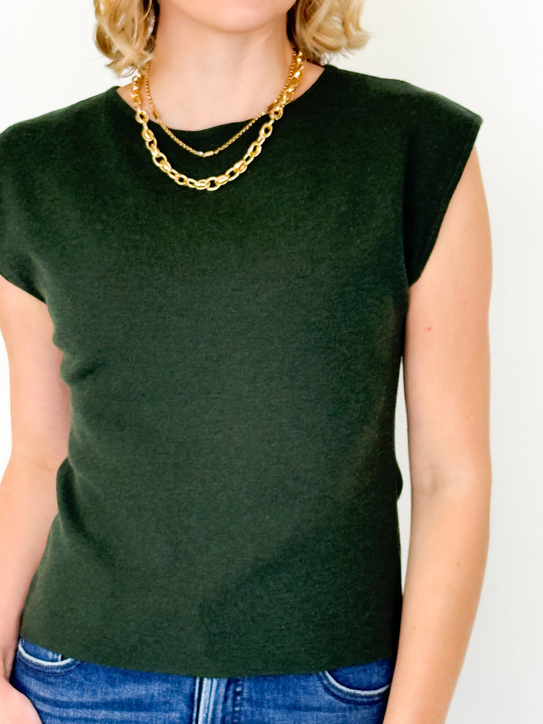Tisha - Boat Neck Sleeveless Knit Top (Dark Green)