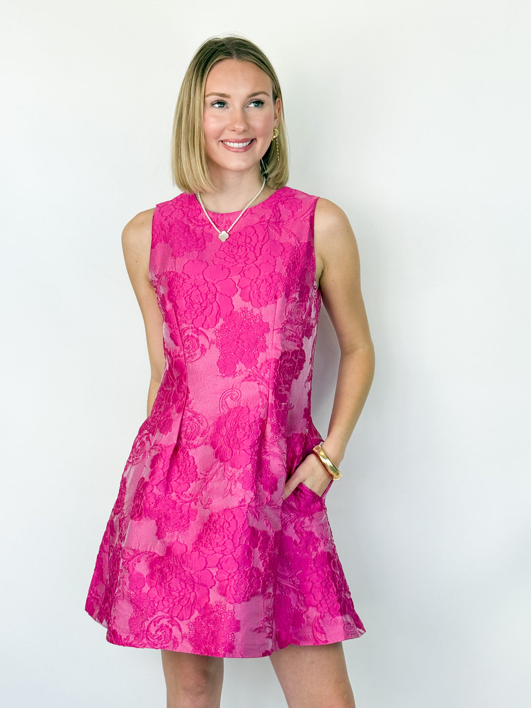 Jill - Floral Jacquard Sleeveless Dress (Hot Pink) Mollie's Boutique Jill - Floral Jacquard Sleeveless Dress (Hot Pink) Mollie's Boutique