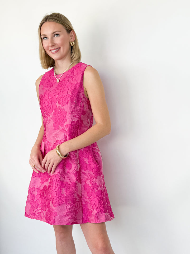 Jill - Floral Jacquard Sleeveless Dress (Hot Pink)