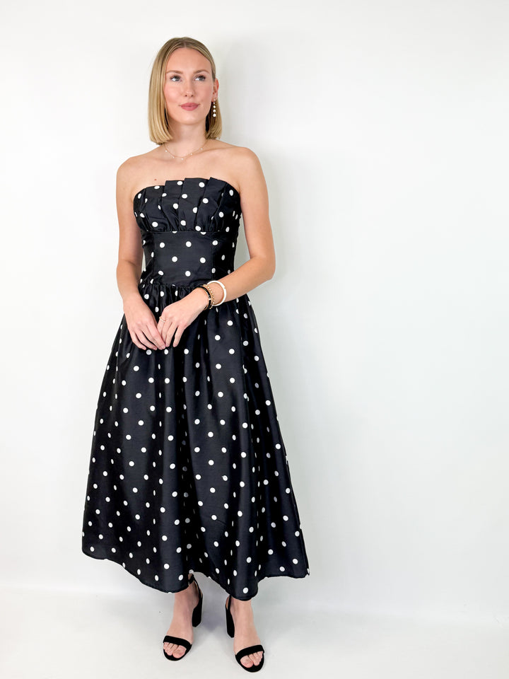 Bridgette - Strapless Polka Dot Midi Dress