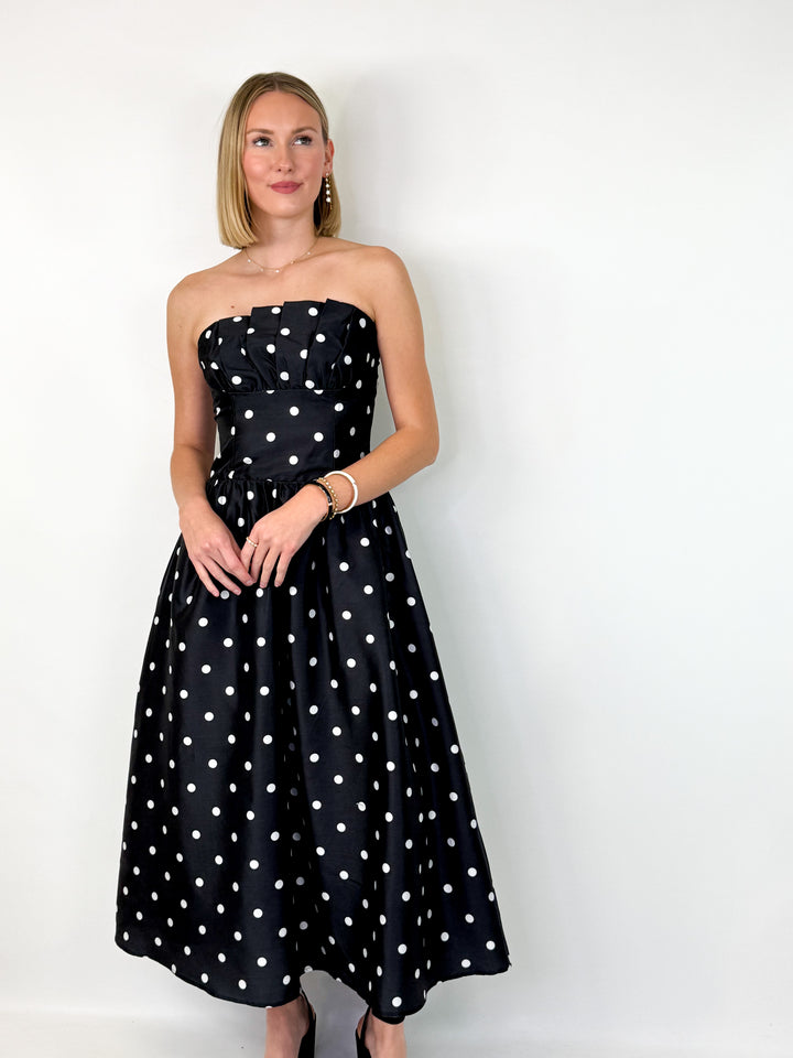 Bridgette - Strapless Polka Dot Midi Dress