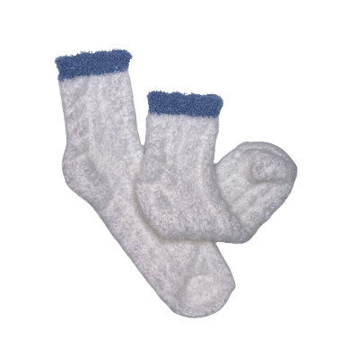 Colorblock Fuzzy Socks - White w/ Denim Blue Trim